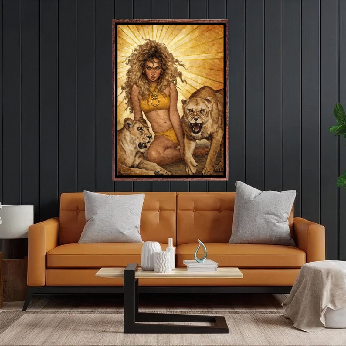 Fierce Wild Woman with Two Lionesses Golden Goddess Art Poster - Image 2