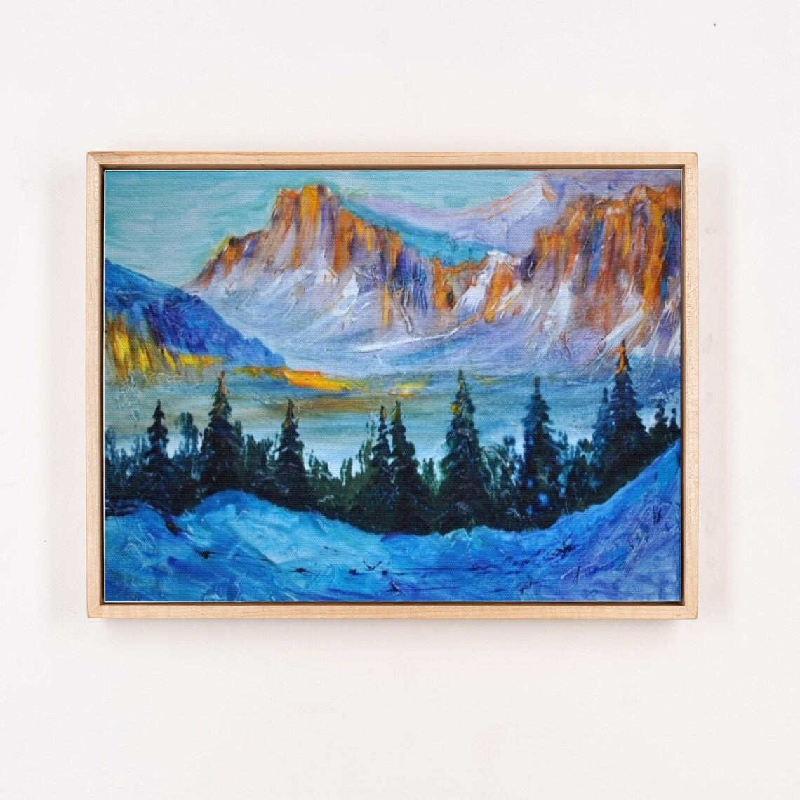 Snow Covered Mountain Forest at Sunrise in Bold Color Painting Poster - Image 4