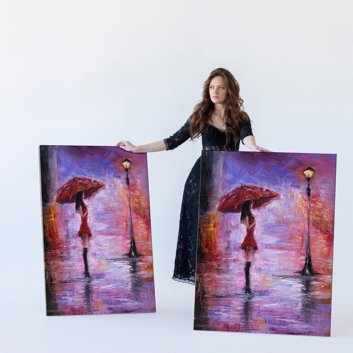 Woman With Red Umbrella Under Lamp on Rainy Night Street Poster - Image 5