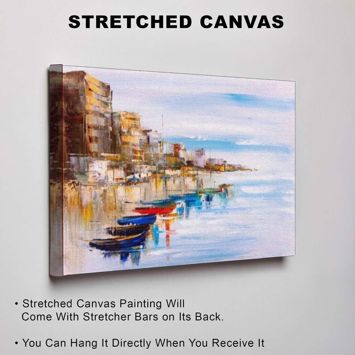 Colorful Boats Anchored Near an Abstract Coastal Town Painting Poster - Image 3