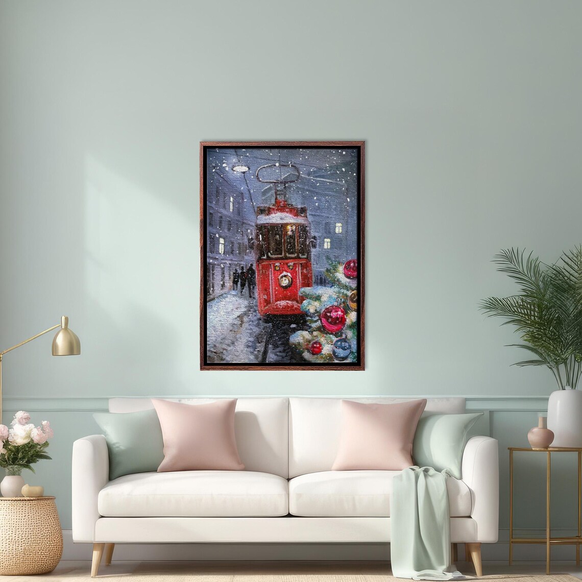 Vintage Red Tram in a Snowy City at Christmas Beside a Lit Tree Poster