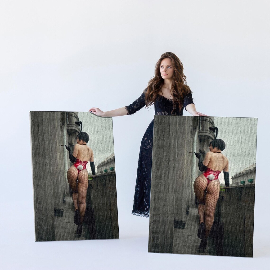 Red Bunny Pin Up Girl Walking Dark City Alley Boudoir Art Poster - Image 5
