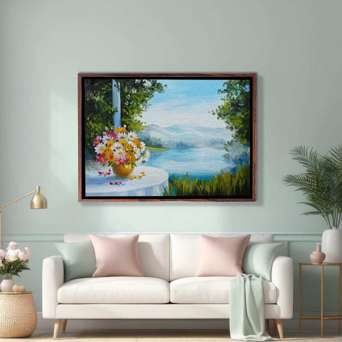 Flower Bouquet In Gold Vase Overlooking Serene Lake View Poster