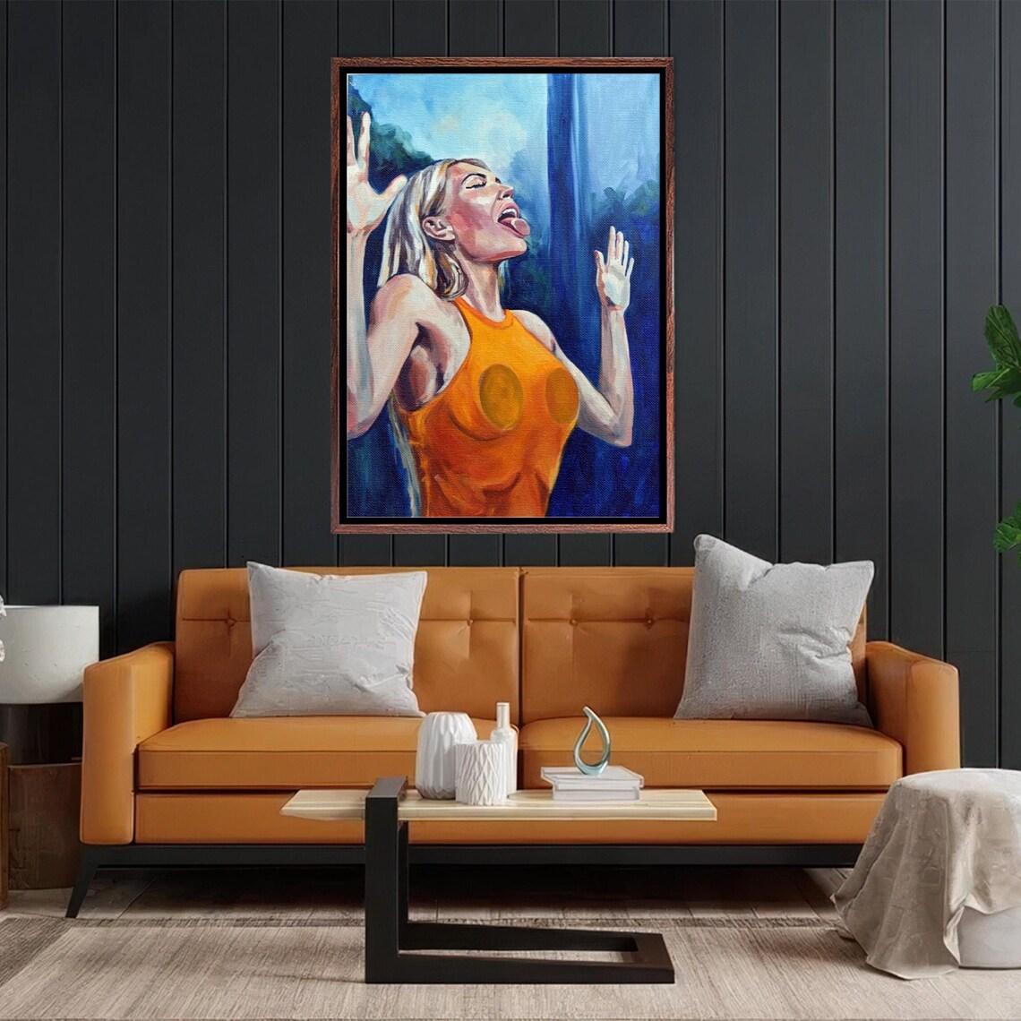 Joyful Blonde Woman Bright Orange Top Expressive Modern Art Poster - Image 2