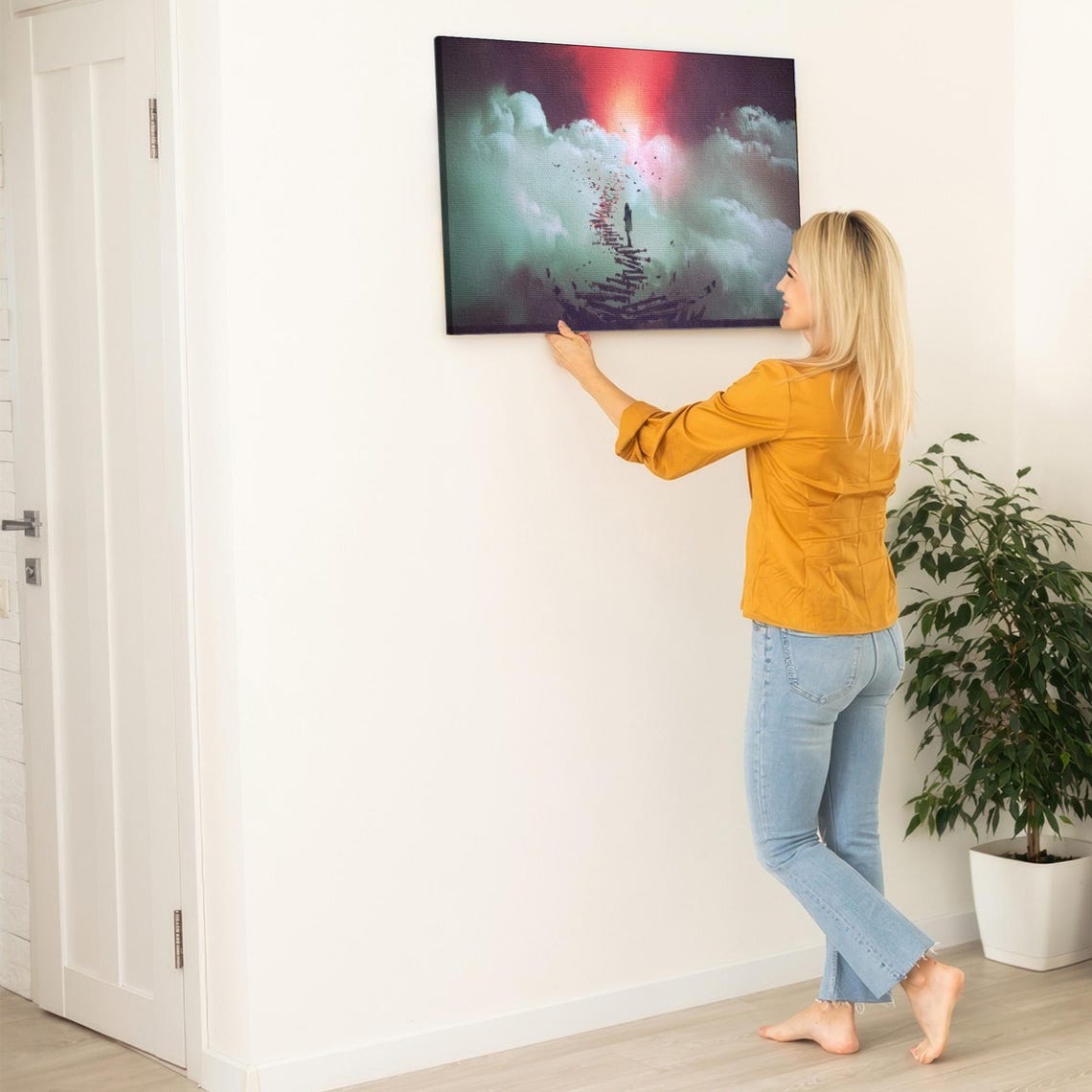 Young Woman Standing On Broken Ladder To The Sky Art Surreal Wall Art Framed Wall Art Housewarming Gift - Image 5
