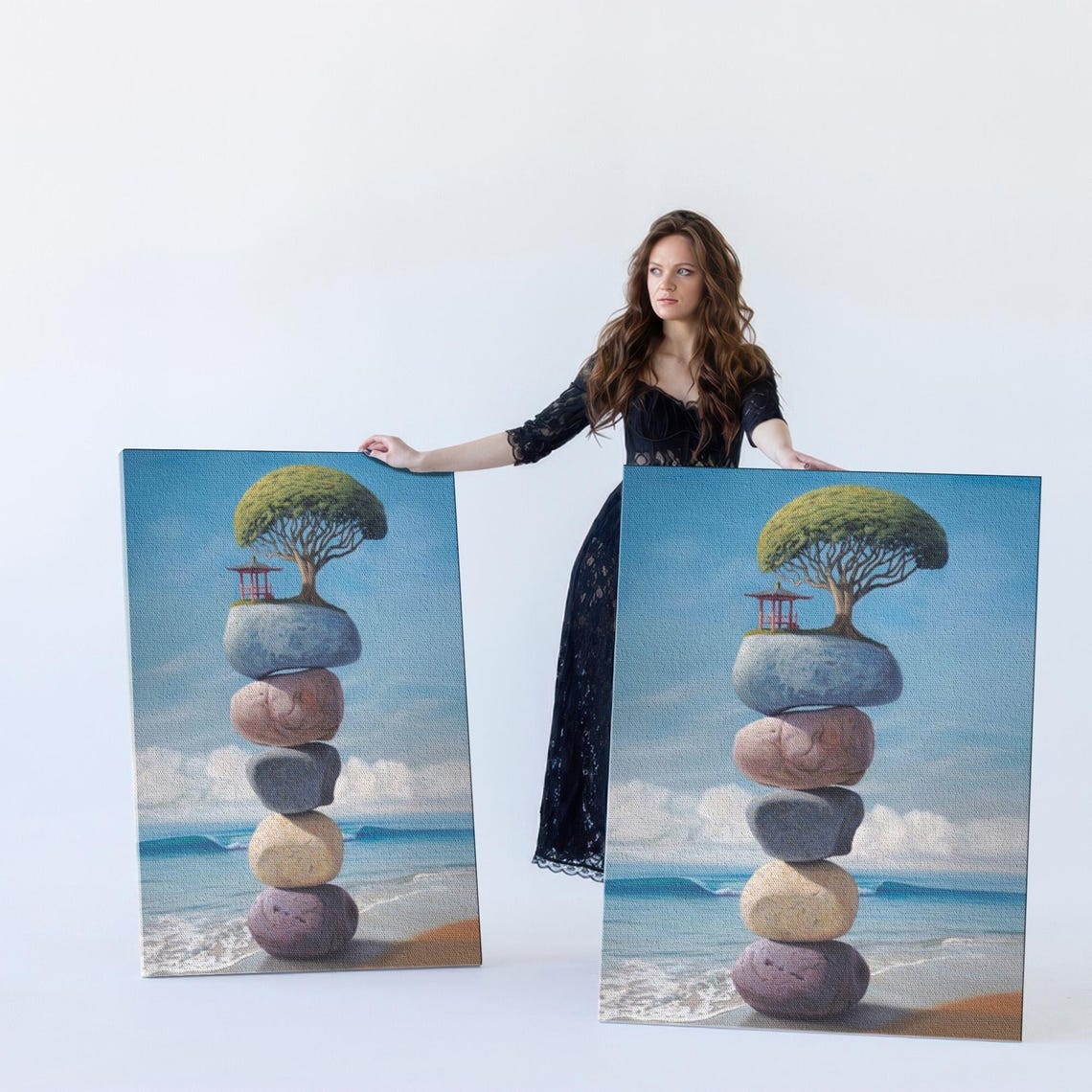 Balanced Stone Cairn With Tree On Beach Surreal Zen Art Poster - Image 5