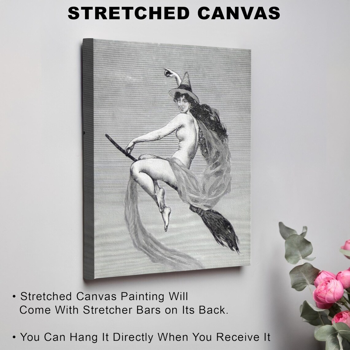 Vintage Witch on Broomstick Black and White Engraving Poster - Image 3
