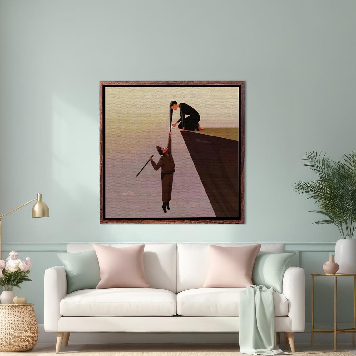 Woman Pulling Man Up From Cliff Edge Surreal Minimalist Art Poster