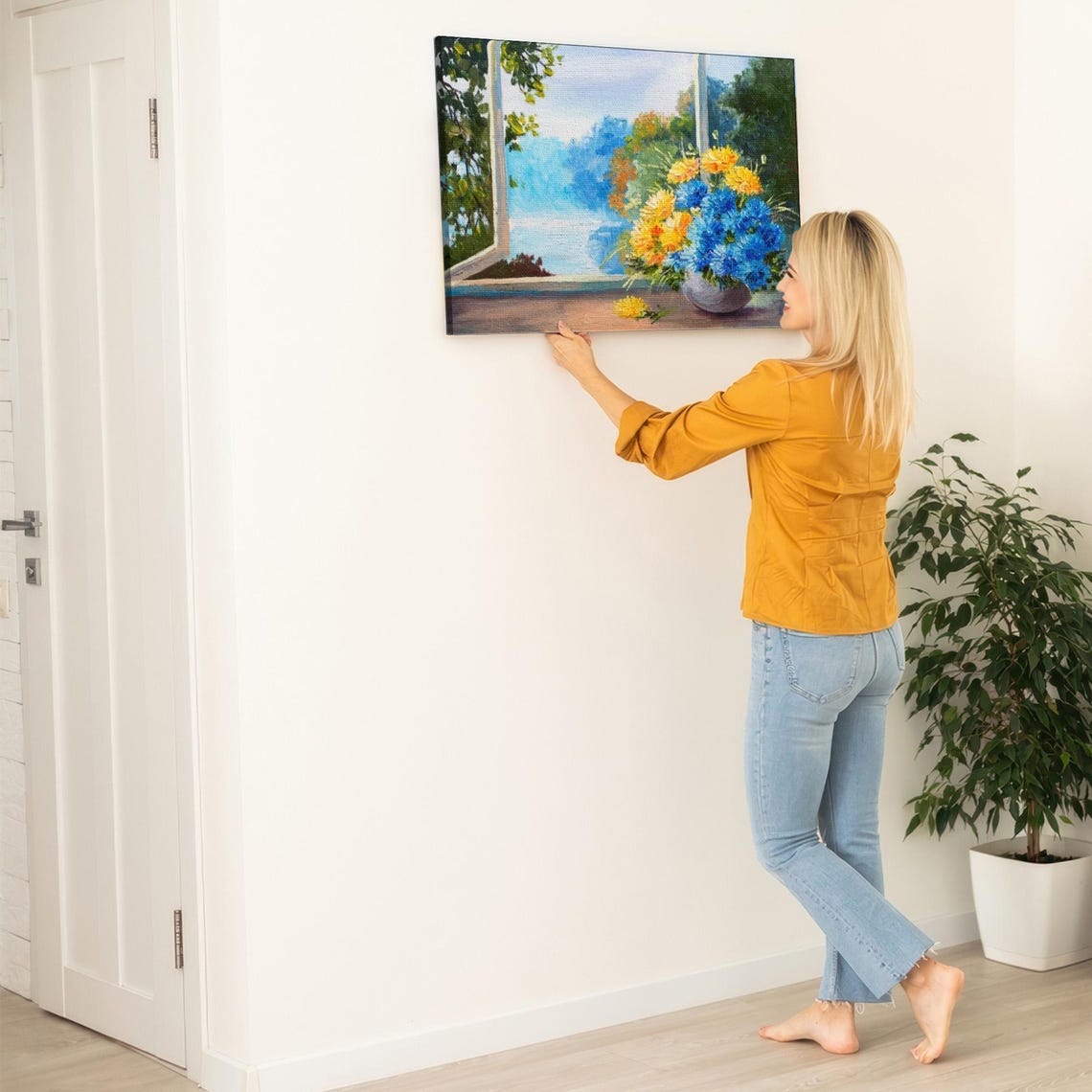 Colorful Cornflower Bouquet on Windowsill Overlooking Sea Poster - Image 5