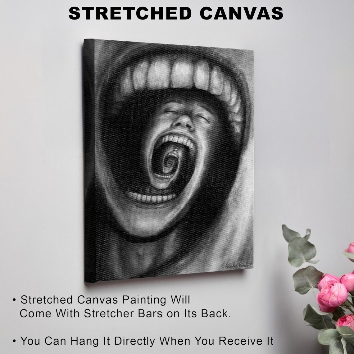 Surreal Black and White Screaming Mouth Inception Art Poster - Image 3