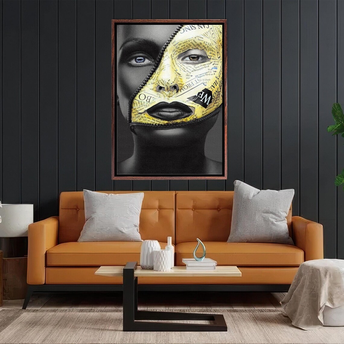 Surreal Zipper Face Portrait With Newspaper Texture Modern Art Poster - Image 2