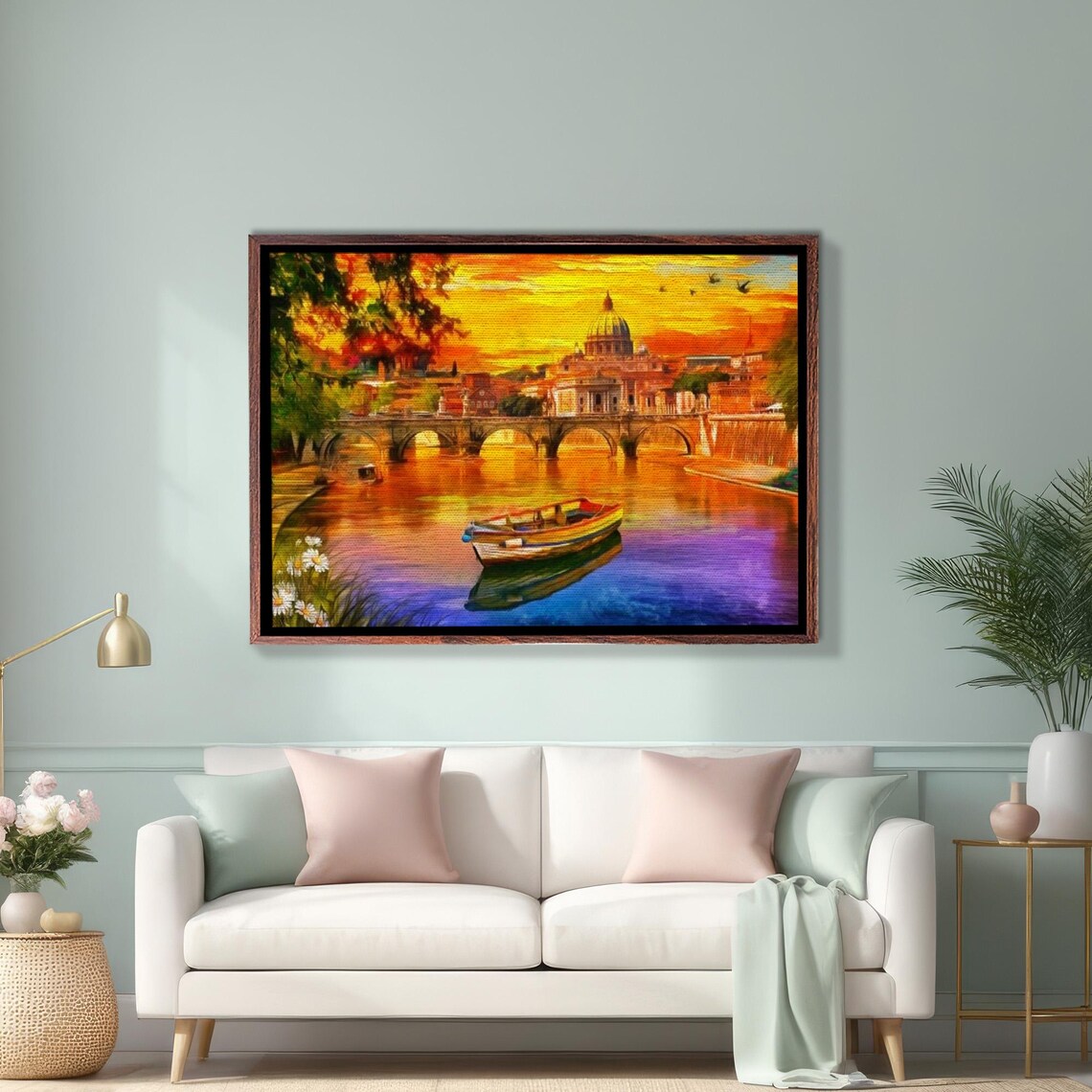 Saint Peters Basilica and Tiber River at Sunset in Rome Poster