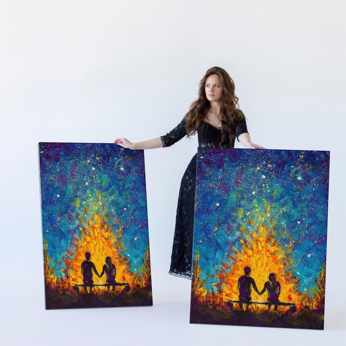 Couple Silhouette By Bonfire Under Starry Night Sky Painting Poster - Image 5