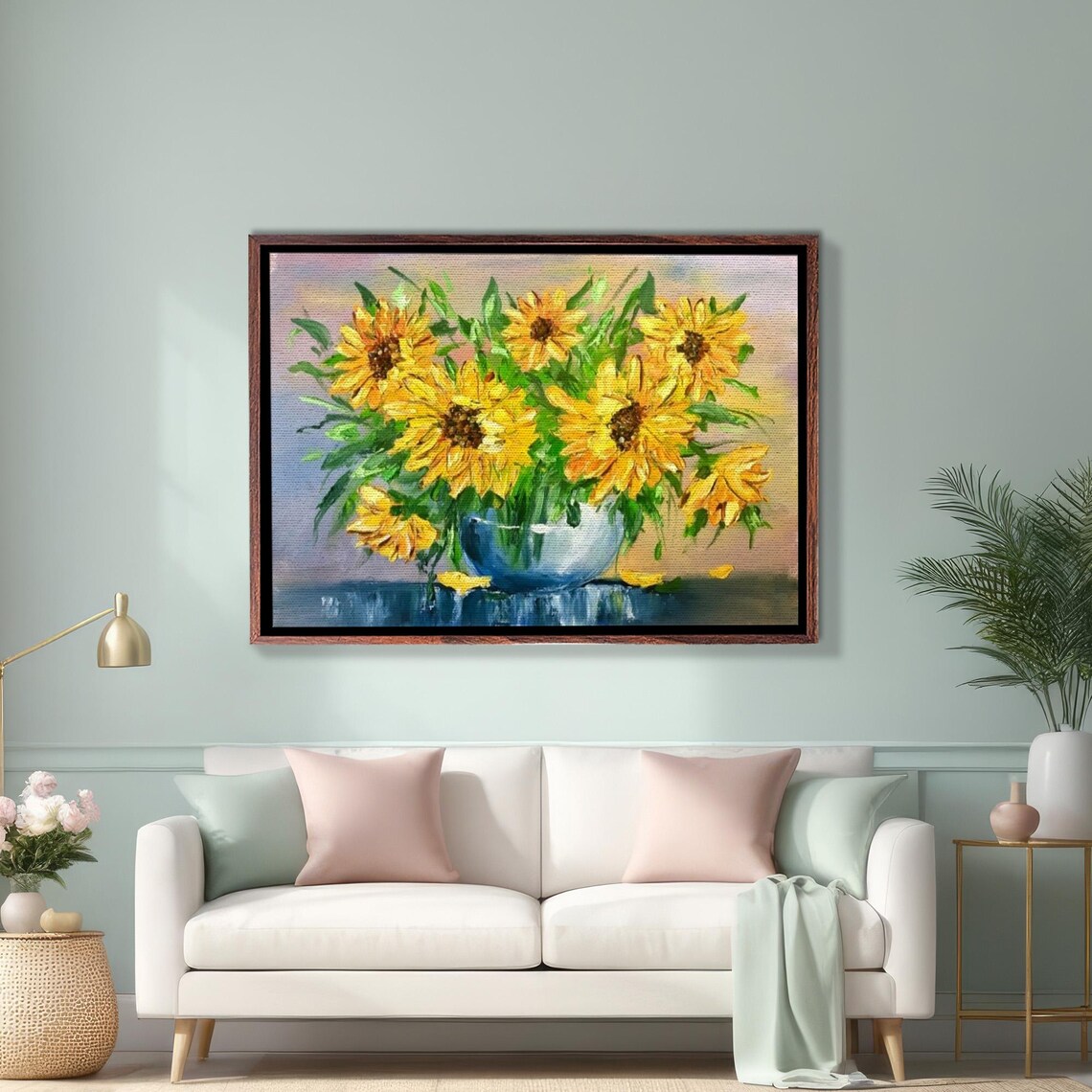 Bright Yellow Sunflowers in a Blue Glass Vase Still Life Poster