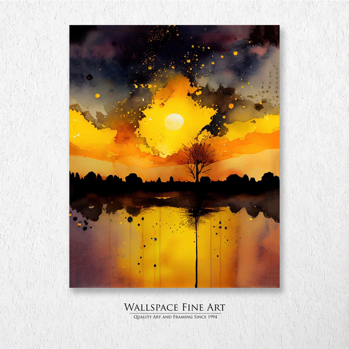 Brilliant Golden Sunset Lake Abstract Watercolor Landscape Art Print
