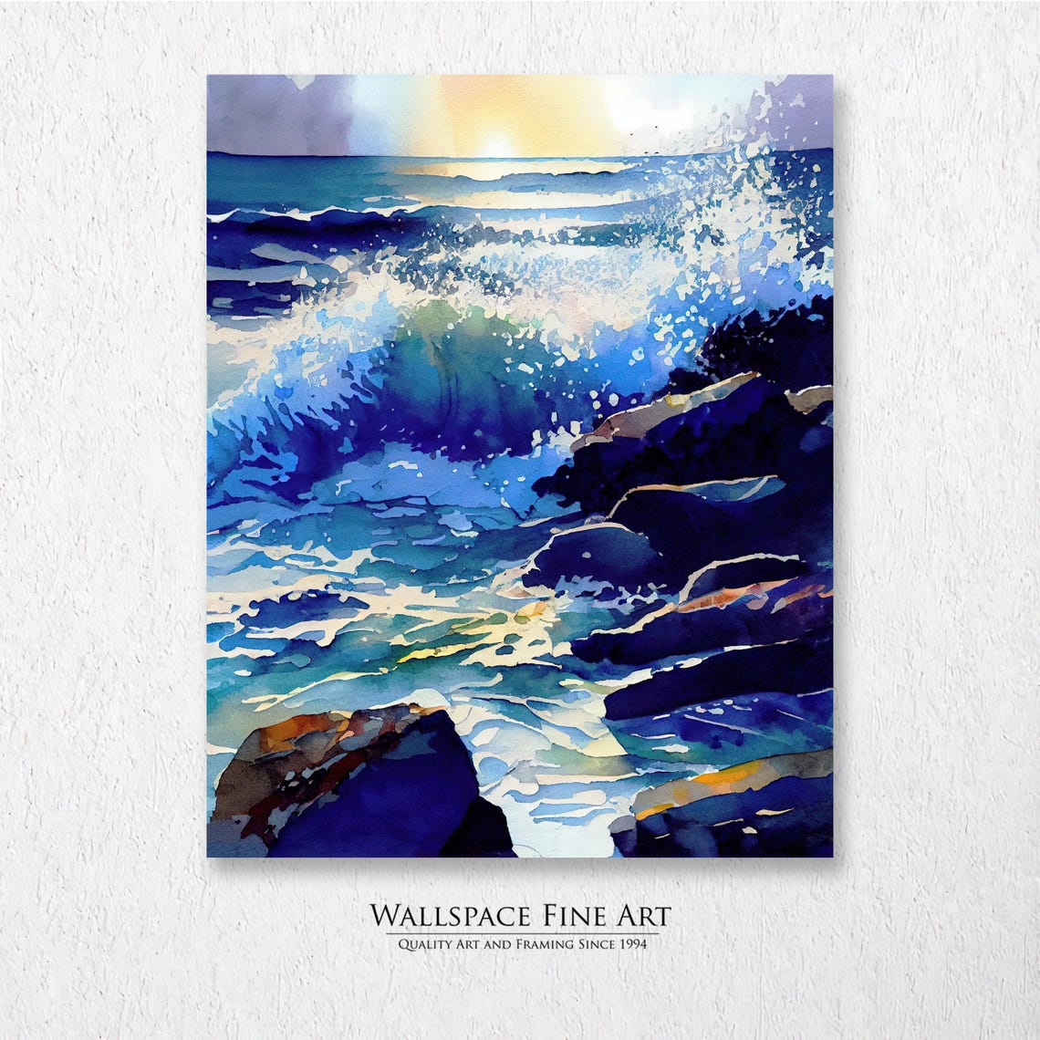 Ocean Waves Crashing Rocks Sunset Blue Watercolor Seascape Poster