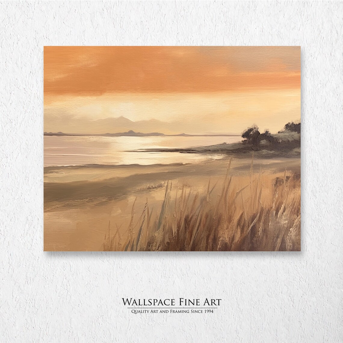 Ocean Dusk Shore Golden Sunset Seascape Painting Warm Coastal Wall Art