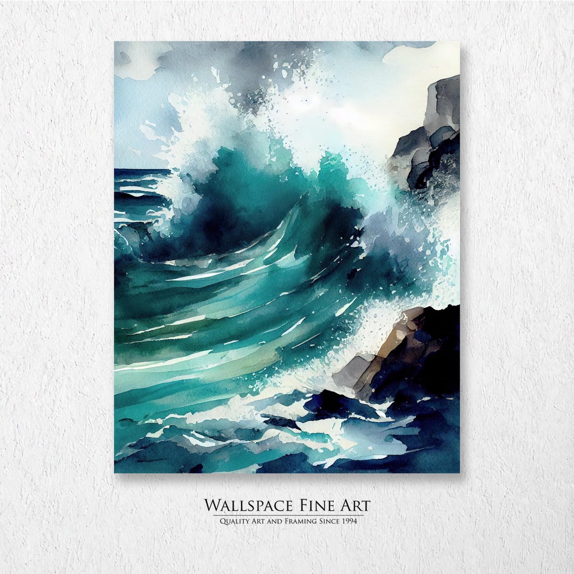 Crashing Teal Ocean Waves Against Rocks Watercolor Painting Poster