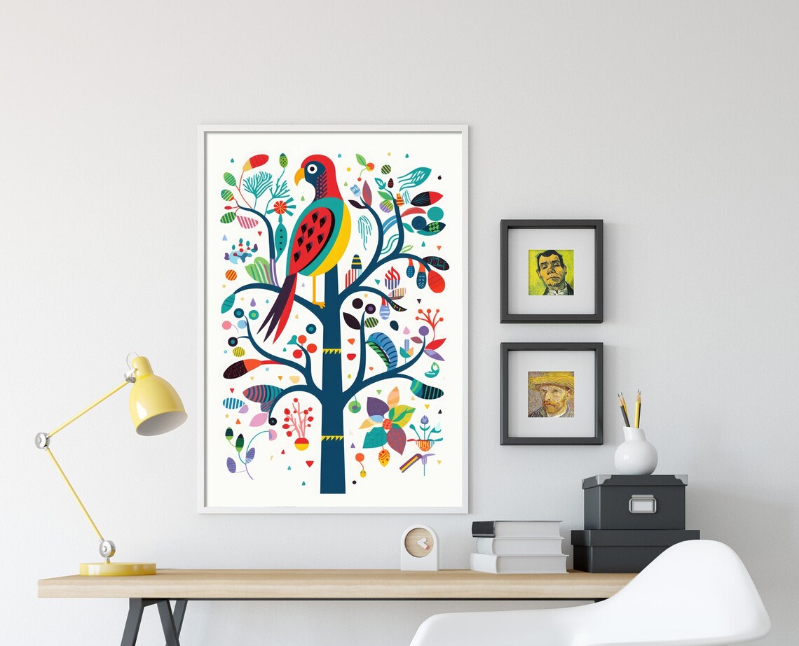 Folk Art Parrot Tree of Life Colorful Playful Tropical Bird Poster - Image 4