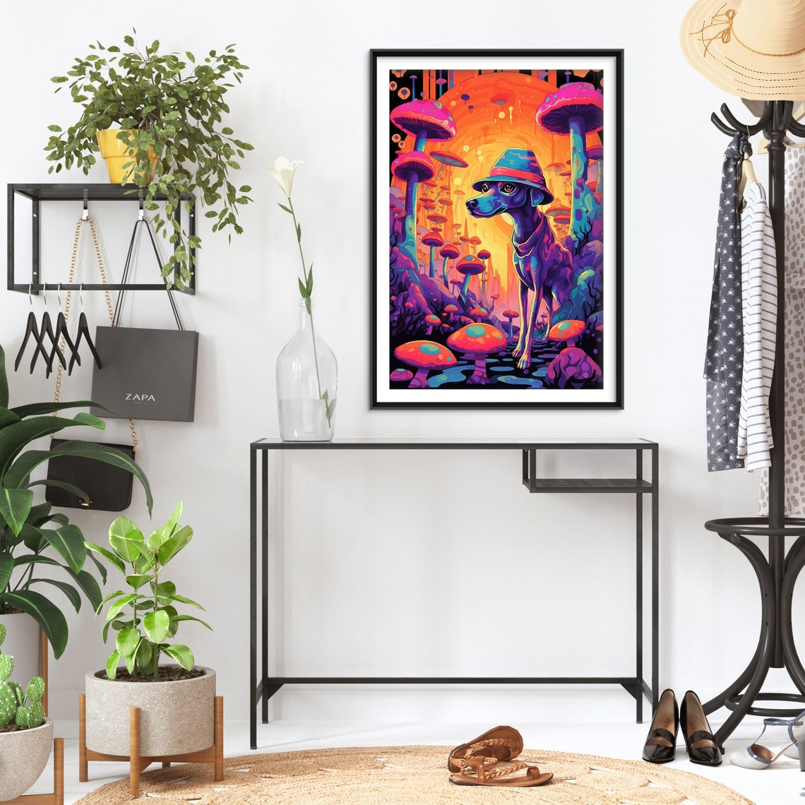 Psychedelic Dog with Hat Among Giant Mushrooms Trippy Art Poster - Image 2