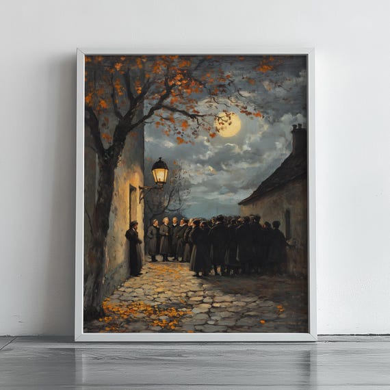 Moody Autumn Evening Gathering Rustic Townsfolk Under Lamplight Vintage Night Scene Wall Art Earthy Decor Fall Painting 424