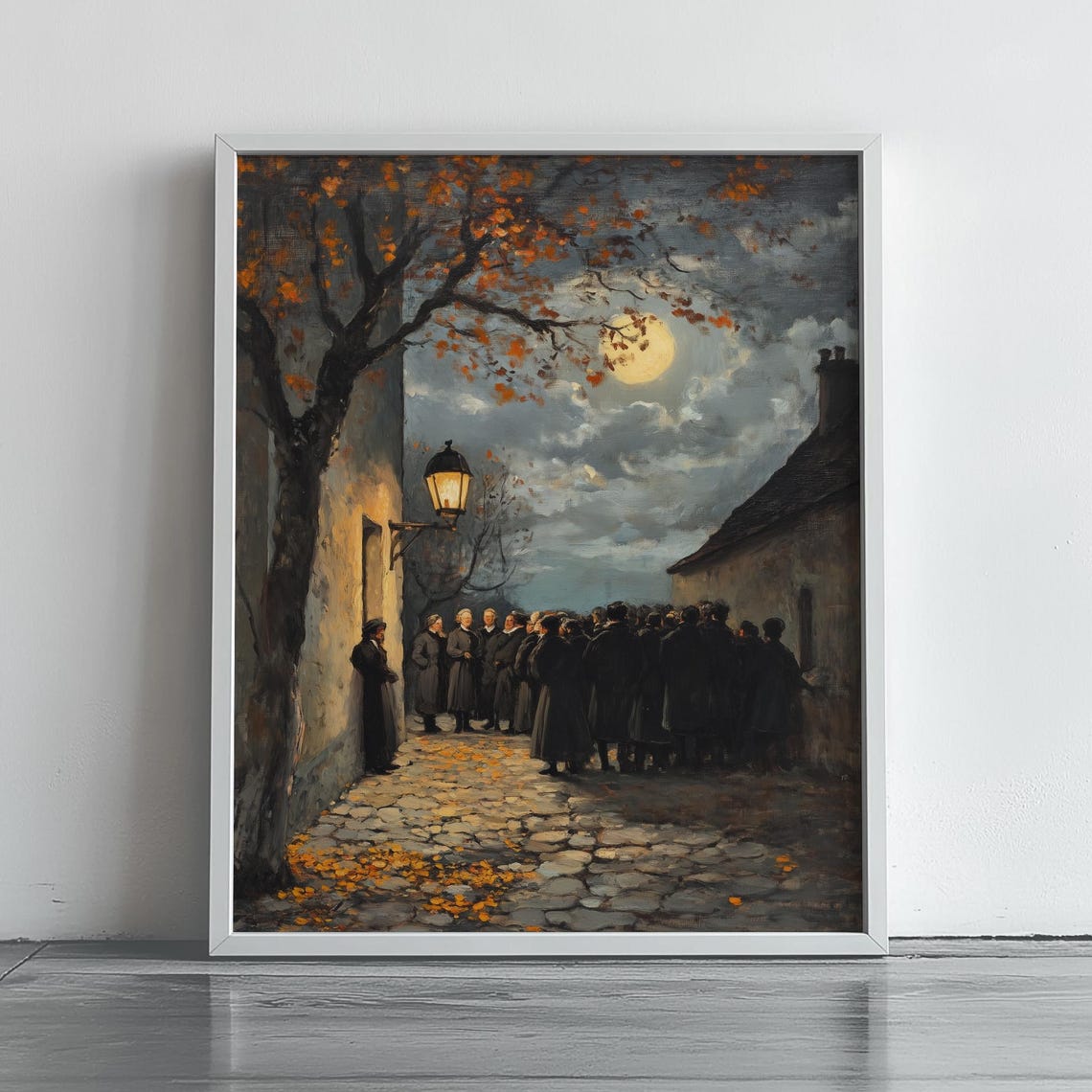 Vintage Autumn Night Gathering Under Lamplight Old Town Oil Poster