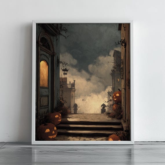 Moody Halloween Street Lanterns Jack O Lantern Night Scene Poster