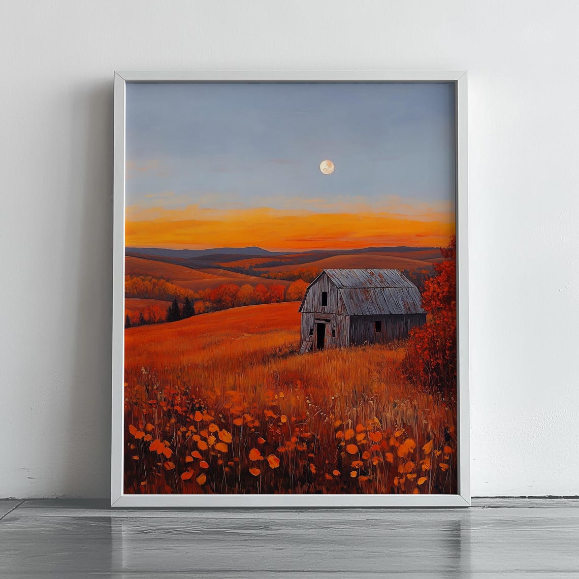 Lonely Barn Autumn Field Moonrise Orange Grass Countryside Art Poster