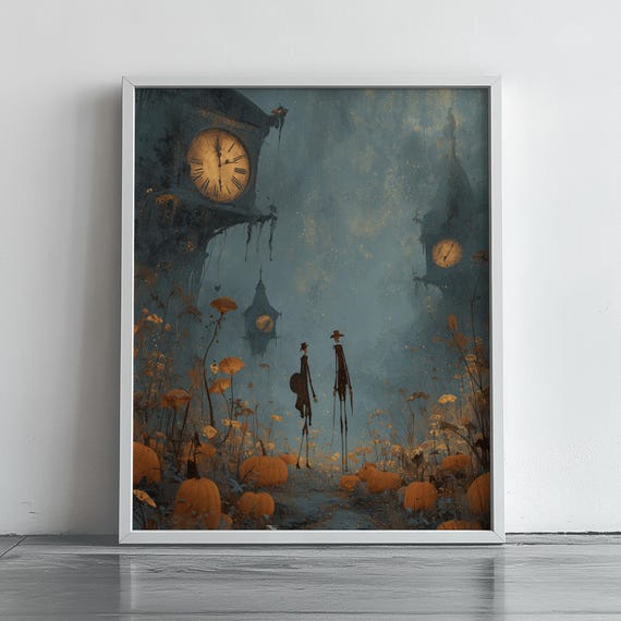 Spooky Halloween Night Poster Surreal Clocks Tall Figures Pumpkins Moody Art
