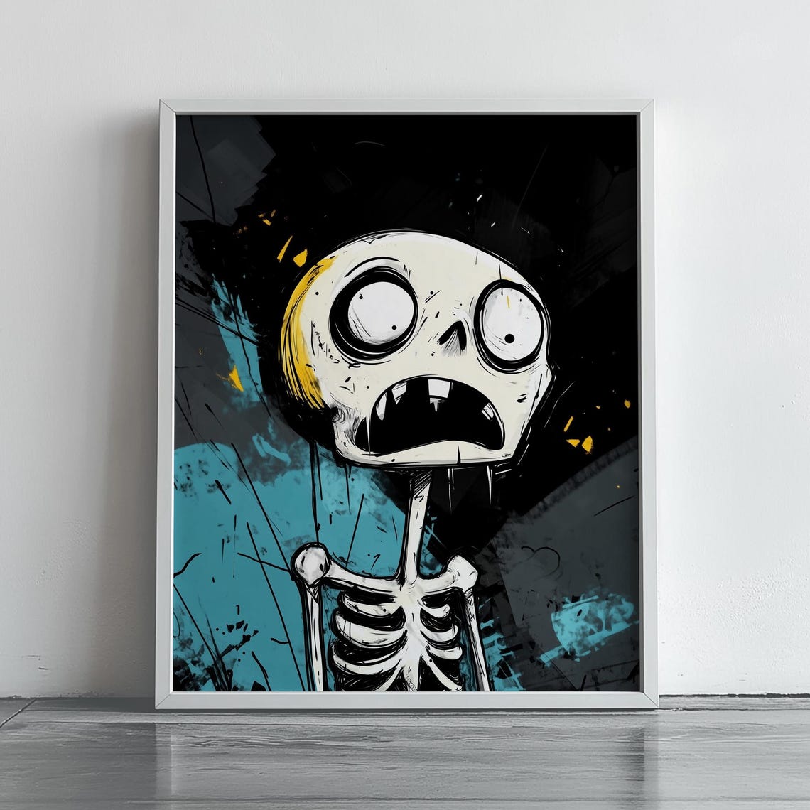 Surprised Cartoon Skeleton Portrait on Teal Graffiti Halloween Poster