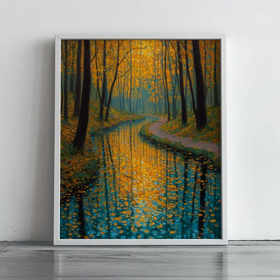 Tranquil Autumn Forest Stream Golden Leaves Reflection Art Poster