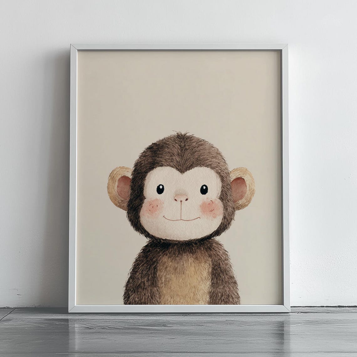 Baby Monkey Portrait Cute Watercolor Nursery Kids Room Wall Art