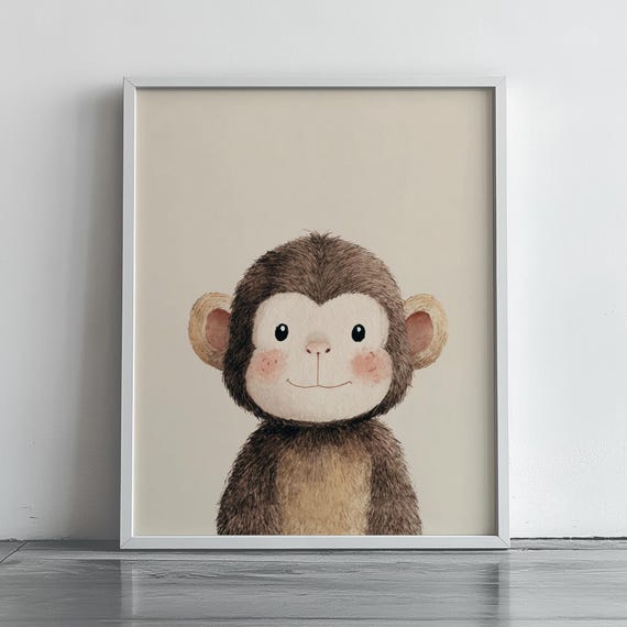 Cute Baby Monkey Portrait Childrens Book Style Nursery Wall Art Adorable Animal Illustration Whimsical Kids Decor 228