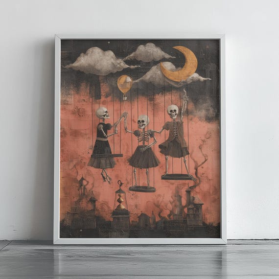 Vintage Skeleton Marionette Trio Poster under Crescent Moon and Clouds