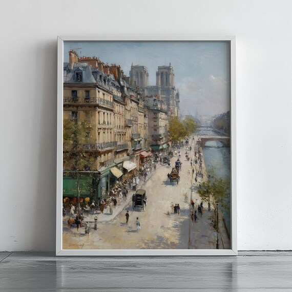 Paris Street Scene Notre Dame Cathedral Vintage Painting Poster