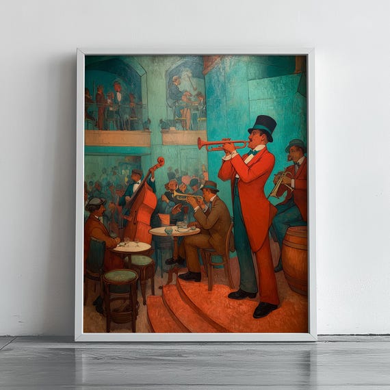 Vintage Jazz Club Scene Retro Nightlife Illustration Toulouselautrec Style Art Musical Concert Wall Decor Print 149