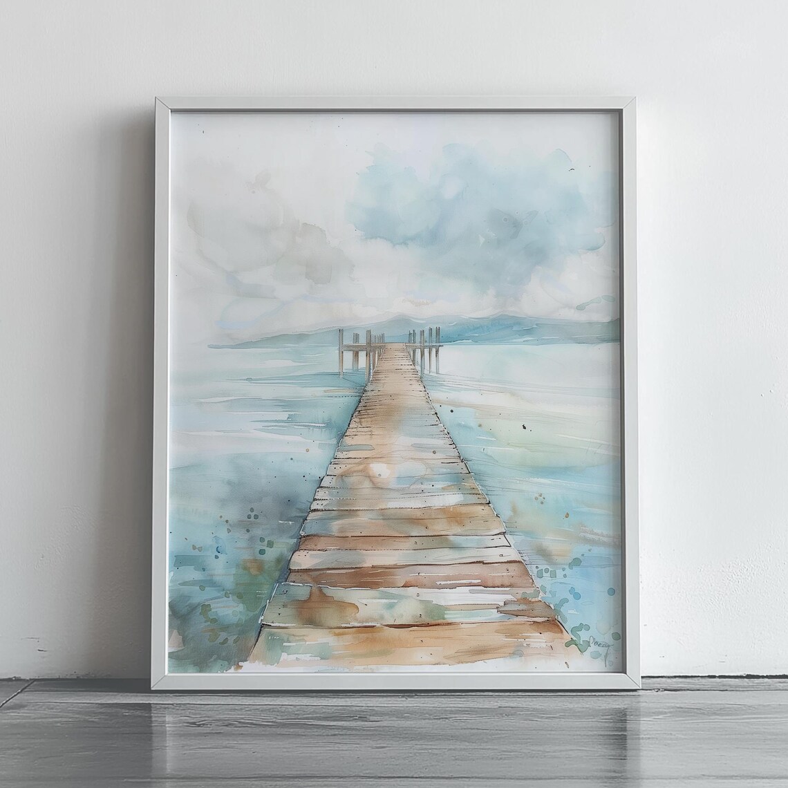 Wooden Pier Over Misty Water Soft Blue Watercolor Art Poster