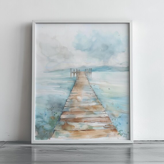 Wooden Pier Over Misty Water Soft Blue Watercolor Art Poster