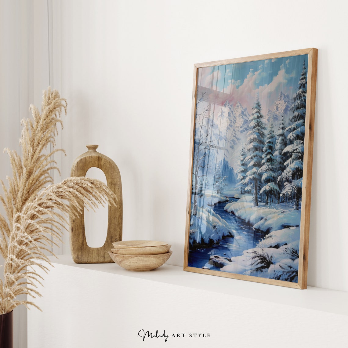 Snowy Mountain River Winter Landscape Blue Pine Forest Poster - Image 2