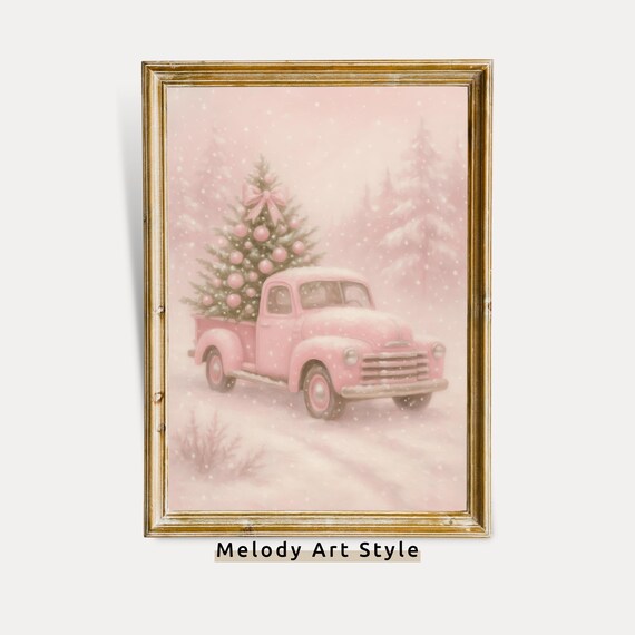 Pastel Pink Vintage Truck Christmas Print Retro Holiday Wall Art Oil Painting Cute With Tree P725