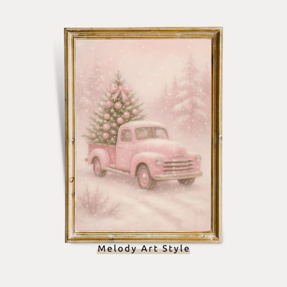 Pink Vintage Truck Hauling Christmas Tree Retro Holiday Scene Poster