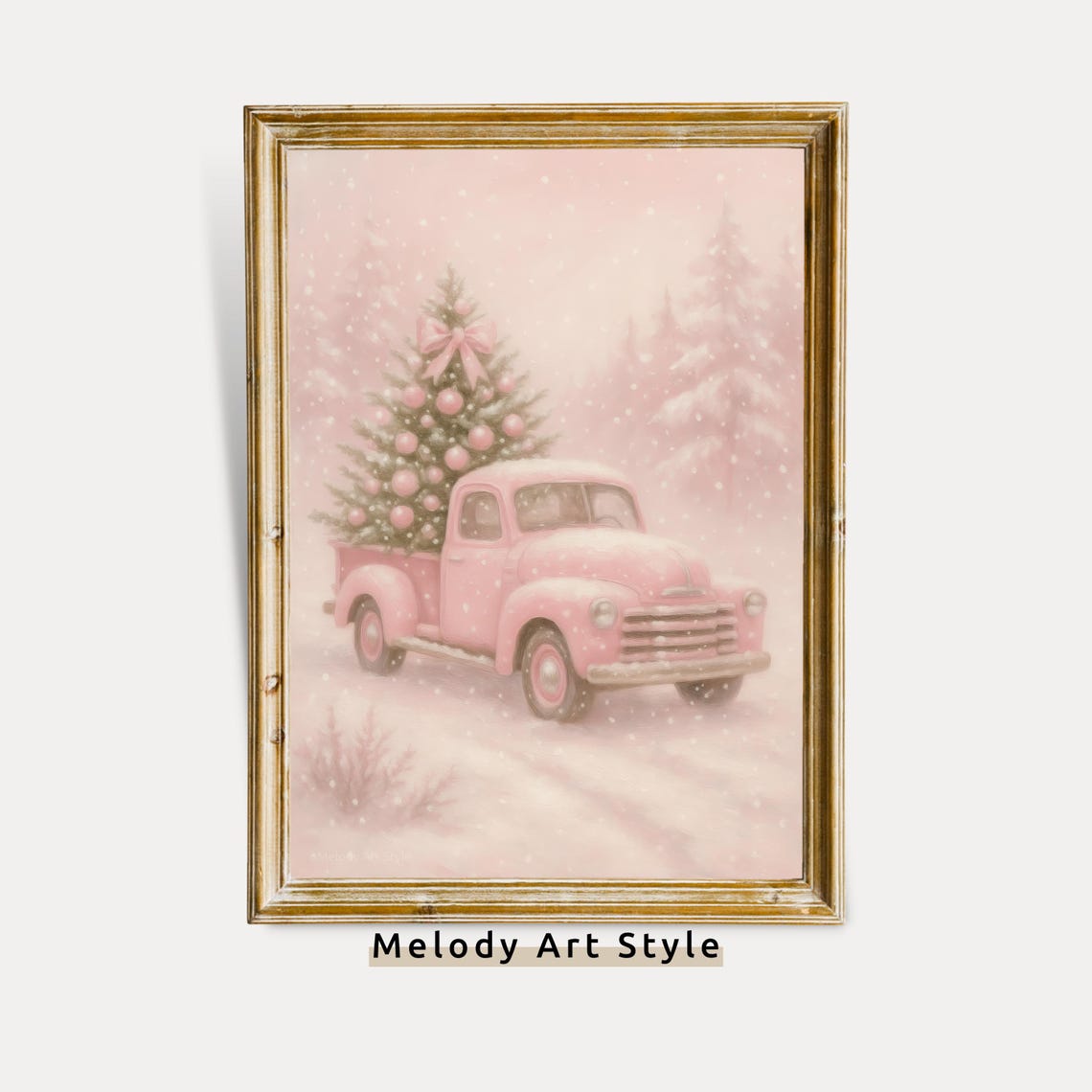 Pink Vintage Truck Hauling Christmas Tree Retro Holiday Scene Poster