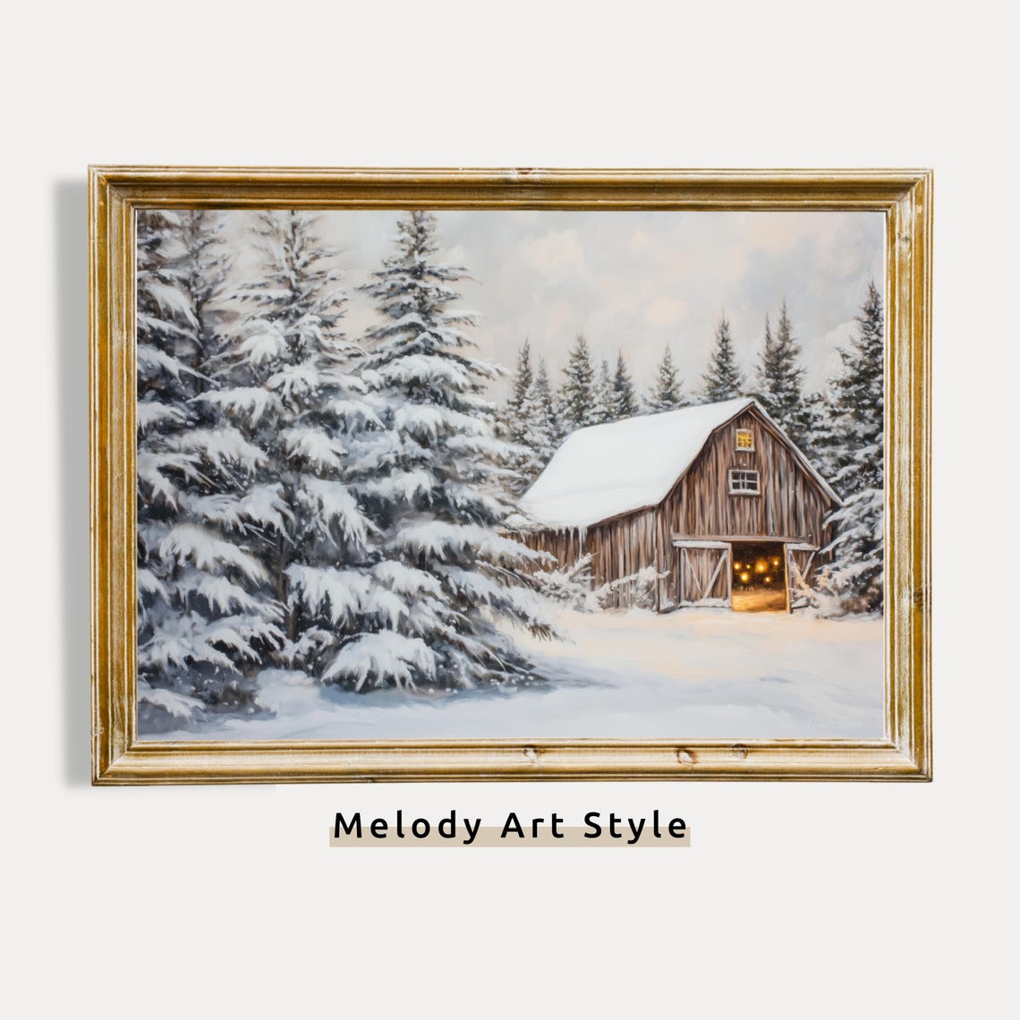 Rustic Winter Barn With Warm Lights In Snowy Pine Forest Poster