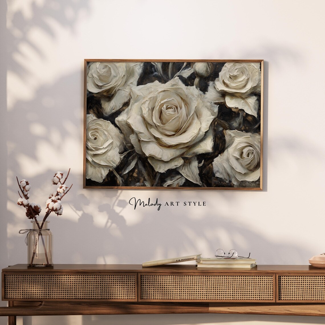 Ivory White Roses Dark Moody Floral Oil Painting Vintage Wall Art - Image 2