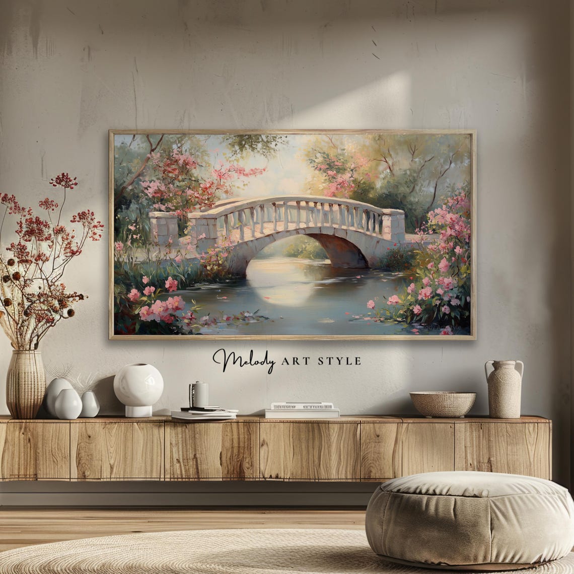 Romantic Garden Bridge Frame Tv Art 4k 8k Pink Floral Landscape Wallpaper Rustic Farmhouse Screensaver Spring Art Tv F215 - Image 2