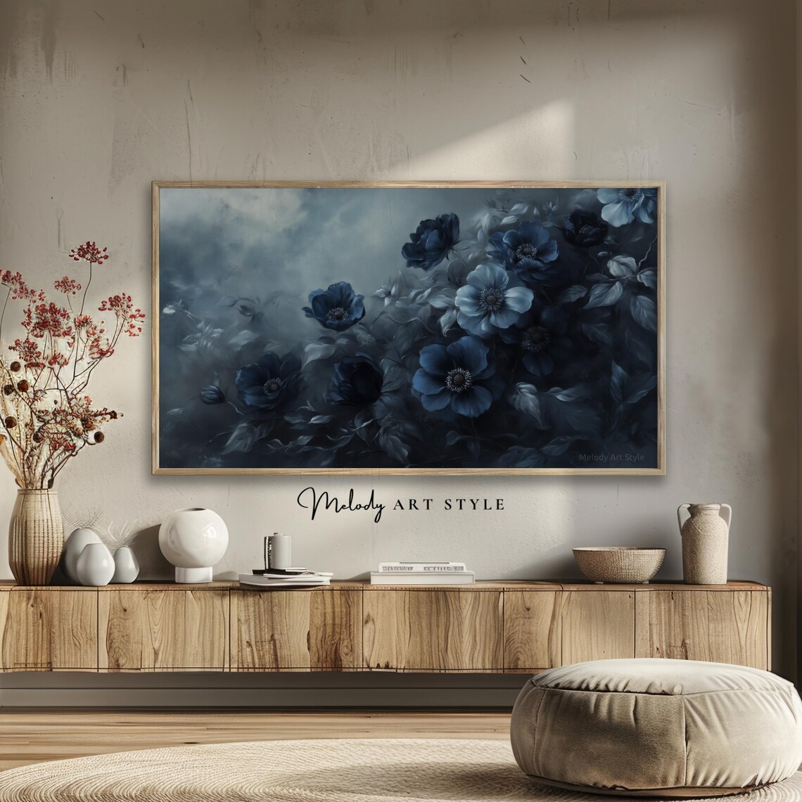 Moody Navy Blue Floral Still Life Dark Academia Flower Art Poster - Image 2