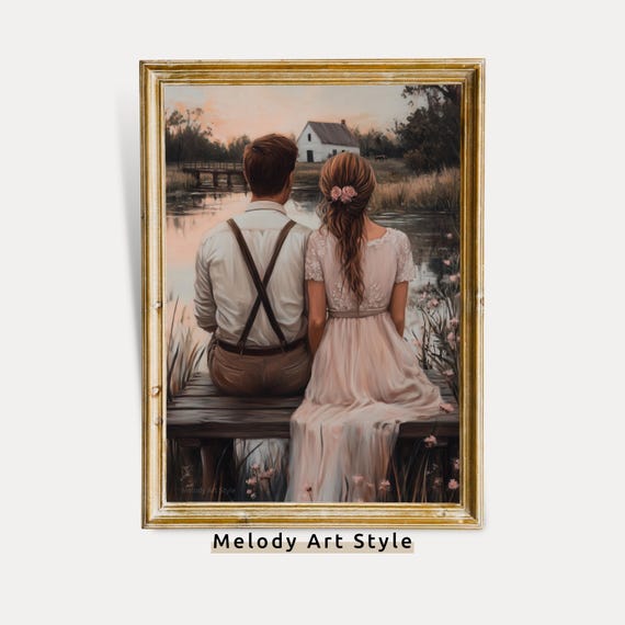 Rustic Romantic Wall Art Vintage Couple By The Lake Cottagecore Farmhouse Print Country Love Artwork Decor P379