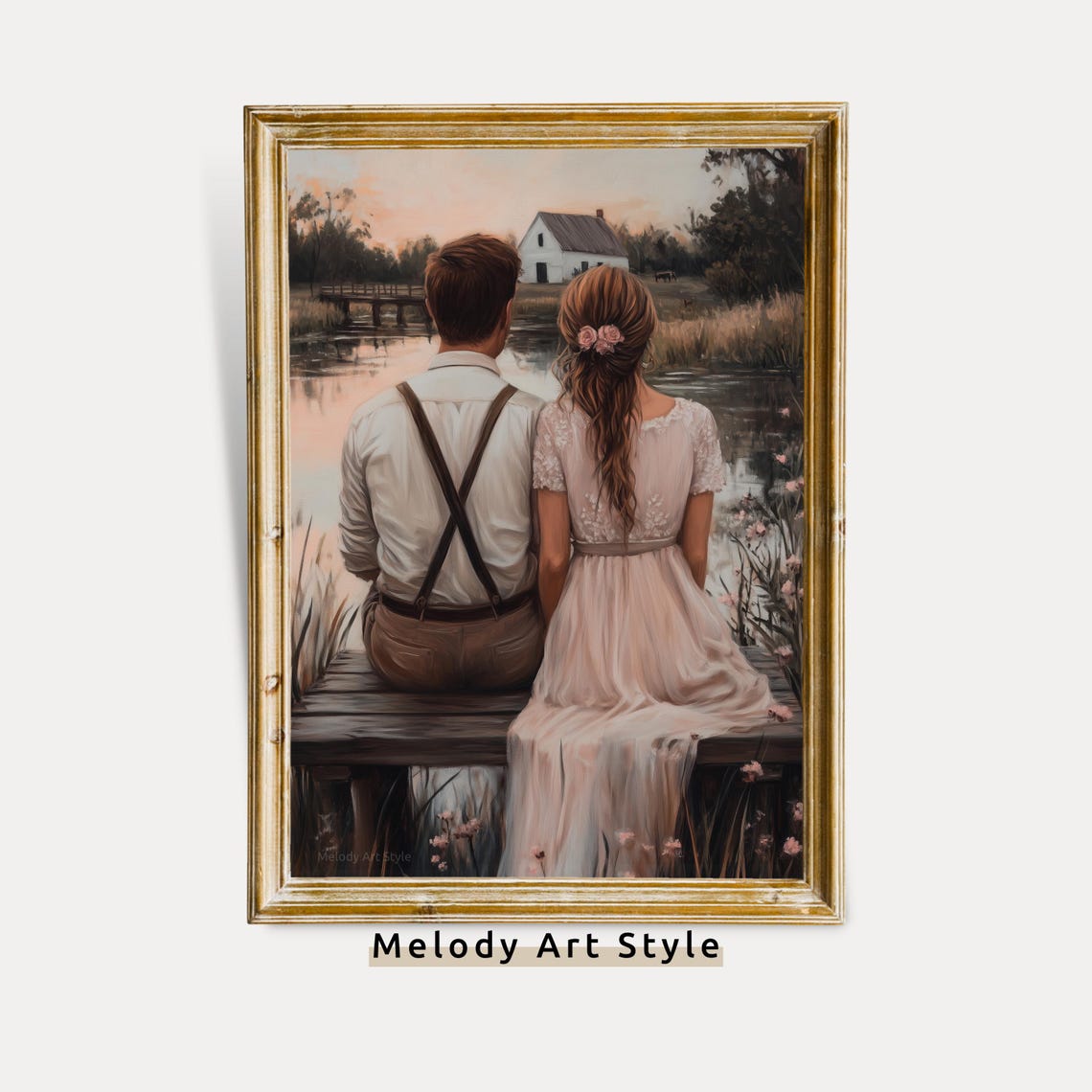 Rustic Couple By The Lake Sunset Farmhouse Dock Love Art Poster