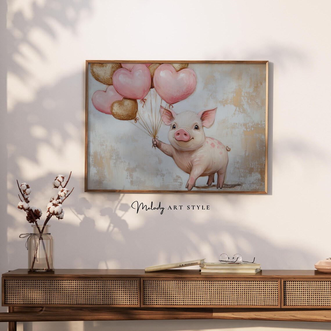 Cute Piglet Holding Pink Heart Balloons Valentines Day Art Poster - Image 2