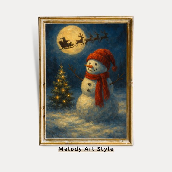 Snowman In Red Scarf Watching Santa Sleigh Across Full Moon Night Poster